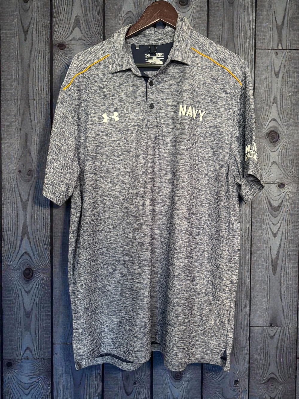 Under Armour Navy Polo Shirt Men’s XL Gray HeatGear Damn The Torpedoes Athletic